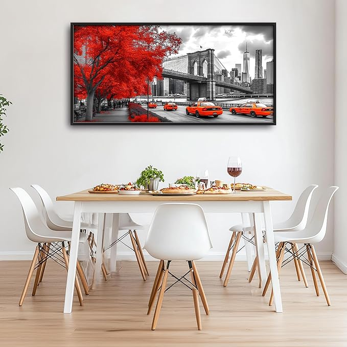 Brooklyn Bridge Large Wall Art Black and White Framed Red Wall Decor for Living Room New York City Pictures Oversized Canvas Print Painting Modern Extra Large Artwork for Bedroom Office 60"x30"