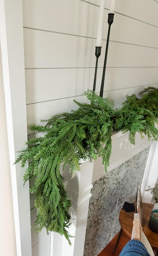 Mixed Norfolk Pine Garland with Evergreen, and Cedar Garland Artificial Realistic Greenery Branches for Decoration, Christmas Garland for Mantle, Premium Real Touch (9 Foot)