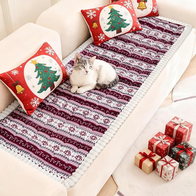 Cekene Christmas Snowflakes Couch Covers Washable Non-Slip Couch Cushion Covers Fuzzy Sofa Cover for Pet (Dark Red,27.6" x 59.1")