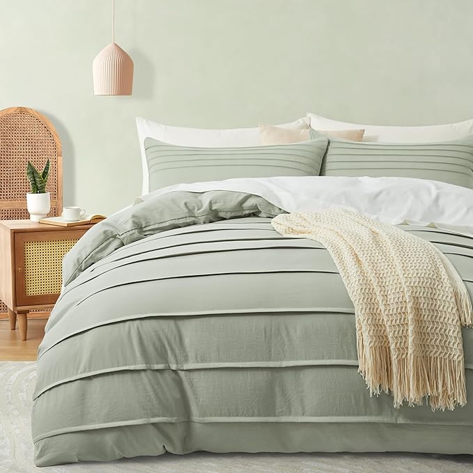 Oli Anderson Mist Sage Duvet Cover Queen Size - Pleated Queen Duvet Cover, 3PCS Soft and Breathable Textured Bedding Set with Zipper Closure(Mist Sage,90"x90")