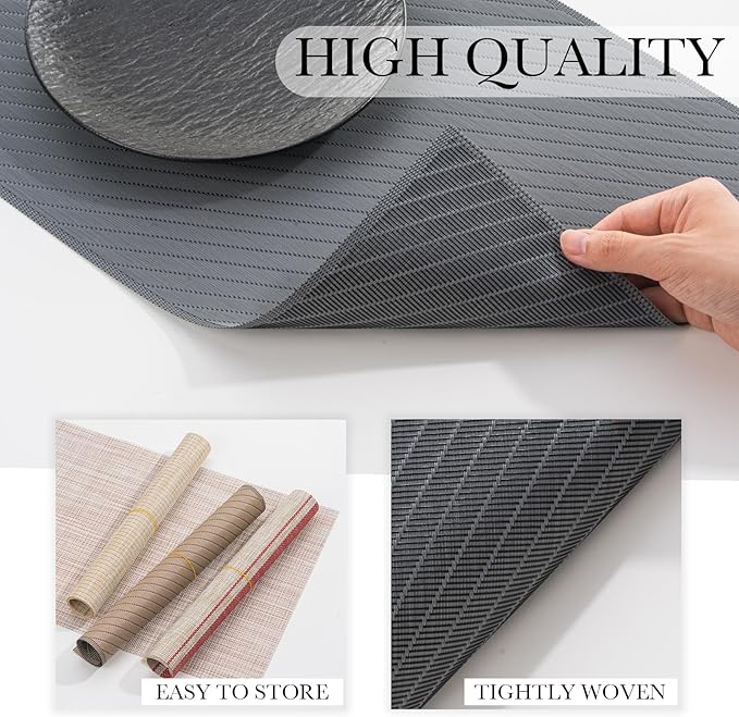 BACKTOEDEN Placemats Set of 8 Heat Resistant Washable Wipeable Placemat Woven Non-Slip Foldable Vinyl/Plastic Place Mats Indoor/Outdoor Mat Kitchen Dining Table Pad, Dark Gray Twill