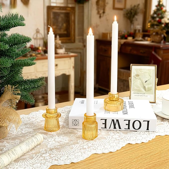 WELLIFE 6 Pcs Amber Glass Candle Holder, Taper Candle Holder, Amber Glass Candlestick Holder for Party, Wedding Decorations, Table Centerpieces and Thanksgiving