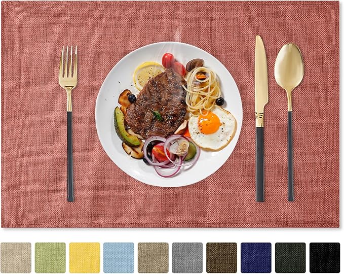 Romanstile Cloth Placemats Set of 4-12 x 18 Inch, Heat Resistant Double Layered Thickened Burlap Fall Place Mats, Washable Faux Linen Farmhouse Table Mats for Kitchen/Dining/Party/Outdoor, Orange