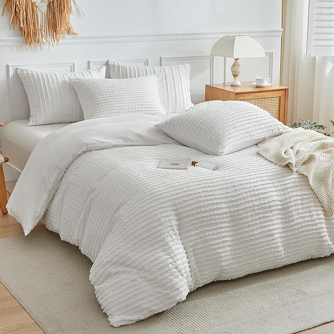WARMDERN Boho Duvet Cover Set King Size,White Striped Duvet Cover Microfiber Bedding Set,3PCS Ultra Soft Breathable Lightweight Tuft Texture Pattern Duvet Covers with Zipper Closure(White,King)