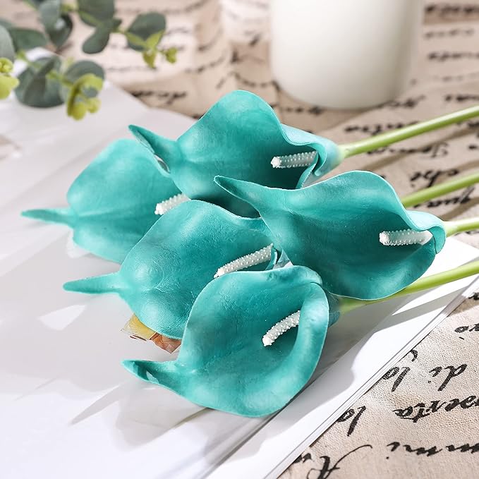 Duovlo 20pcs Calla Lily Bridal Wedding Bouquet Lataex Real Touch Artificial Flower Home Party Decor (Peacock Blue)