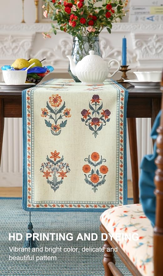 ISAENNE Designer Light Green Linen Table Runner 87 Inches Long,French Floral Patterns Elegant Table Runner for Dining Tables,Thanksgiving,Kitchen Tables,Christmas,12"*87"-Floralsea B