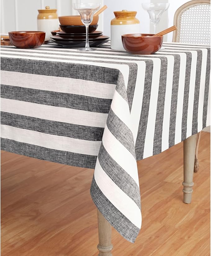 Solino Home Linen Tablecloth 60 x 108 Inch - Cabana Stripe 100% Pure Linen Black and White Table Cloth for Rectangle Tables - Machine Washable Tablecloth for Fall, Thanksgiving, Holiday