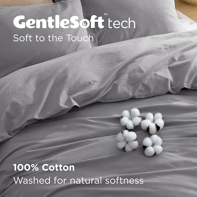 Bedsure 100% Washed Cotton Duvet Cover King Size - Grey Minimalist Cotton Duvet Cover Linen Like for All Seasons - GentleSoft™ Plain Simple Bedding, 3 Pieces (Grey, King, 104"x90")