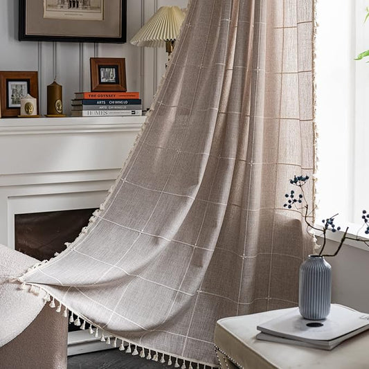 Sutuo Home Boho Curtains for Bedroom 96 Inches Long, Light Filtering Country Farmhouse Vintage Shabby Chic Tassels Window Treatment Bohemian Grid Drape for Decor 1 Panel 52" W x 96" L, Natural Plaids
