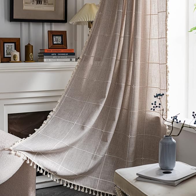 Sutuo Home Boho Curtain for Bedroom 84 Inch Length, Light Filtering Country Farmhouse Vintage Shabby Chic Tassels Window Treatment Bohemian Grid Drape for Decor 1 Panel 52" W x 84" L, Natural Plaids