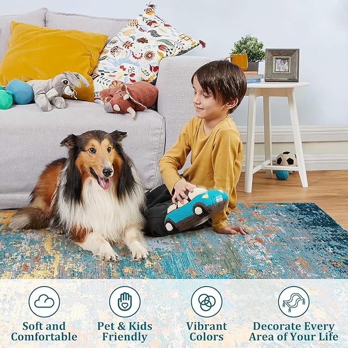 Modern Abstract Rug 3x5 Washable Rug Non Slip Stain Resistant for Bedroom Living Room Non Shedding Low Pile Indoor Floor Cover,Multi Color