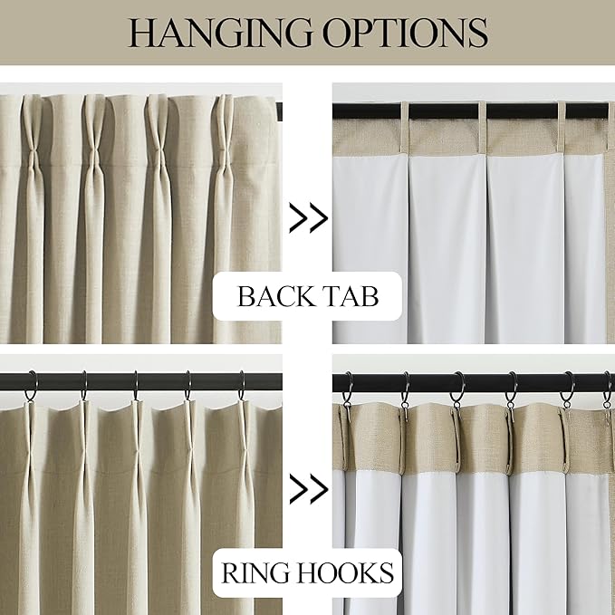 Vision Home Sand Pinch Pleated Full Blackout Curtains Linen Blended Room Darkening Window Curtains 102 inch for Living Room Bedroom Thermal Insulated Pinch Pleat Drapes with Hooks 60" Wx102 Lx1
