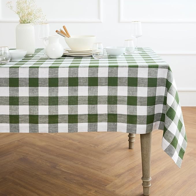 Solino Home Linen Checkered Tablecloth 60 x 108 Inch - 100% Pure Linen Olive and White Buffalo Plaid Table Cloth for Rectangle Tables - Machine Washable Tablecloth for Fall, Autumn