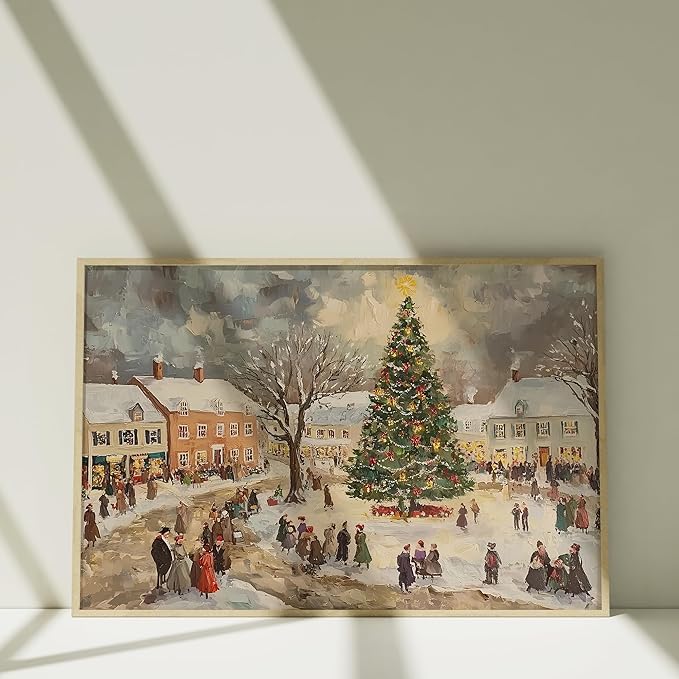 Vintage Winter Village Art for Holiday Home Decor, Snowy Christmas Tree Town Scene Wall Art, Xmas Print, Festive Winter Gathering Artwork, Classic Seasonal Christmas Decoration (Unframed) (20x30)