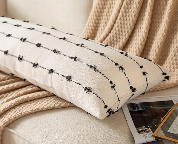 Caflife Boho Lumbar Throw Pillow Covers 14x36 inches Long, Farmhouse Decorative Body Pillow for Bed and Sofa, Living Room Home Decor Couch Black Lumbar Pillowcase, Pack of 1