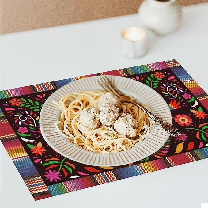 Mexican Cinco De Mayo Placemat Set of 6, 12x18 Inch Colorful Mexico Fiesta Talavera Floral Birds Dia De Los Muertos Day Vintage Coffee Table Mats for Outdoor Kitchen Dining Table Decoration