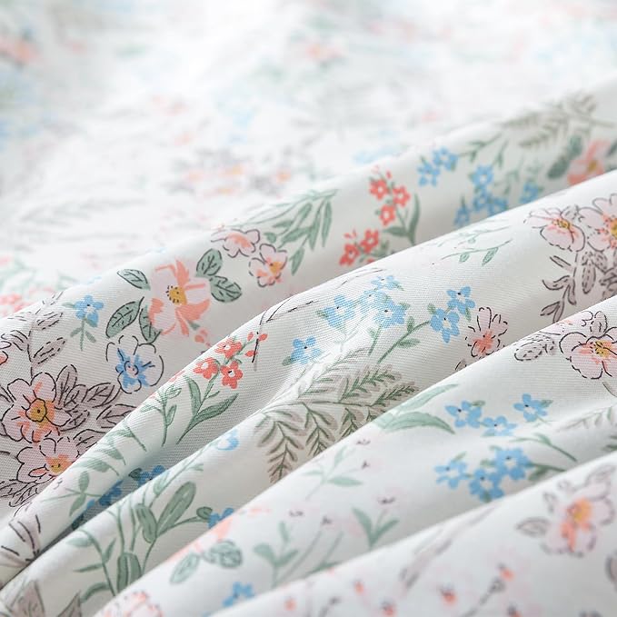 HoneiLife Wildflower Duvet Cover Queen - 100% Cotton Comforter Cover Sets, 3-PC Comfortable Floral Bedlinen Set, Botanical Duvet Cover with Zipper Closure & Corner Ties