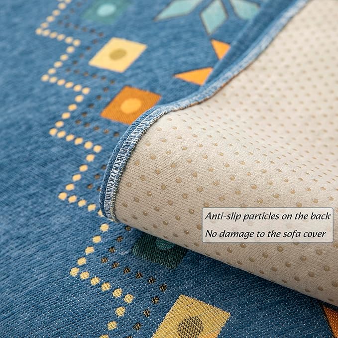 Boho Chenille Couch Covers,Geometric Couch Covers for Sofa,Chenille Couch Cover Non Slip,Sectional l Shaped Sofa Furniture Protector Cover for Home Decor,Blue_4 Seat 43x94in/110x240cm