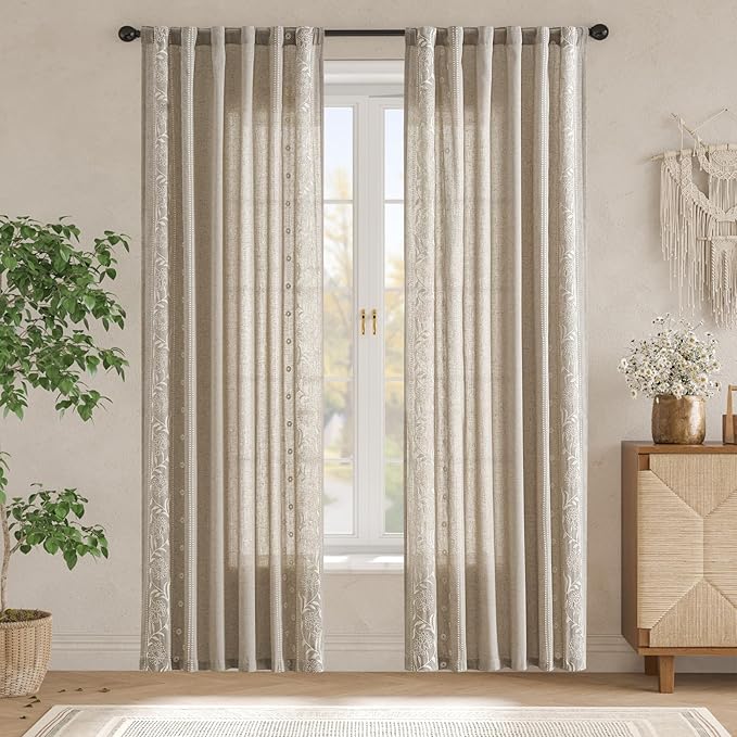 jinchan Winslow Linen Curtains for Bedroom 84 Inches Length Ivory on Taupe Embroidered Bordered Floral Curtains for Living Room Farmhouse Decor Light Filtering Window Treatments 2 Panels