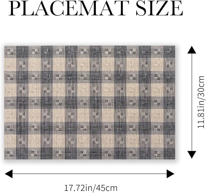 BACKTOEDEN Placemats Set of 6 Heat Resistant Washable Wipeable Placemat Woven Non-Slip Foldable Vinyl/Plastic Place Mats Indoor/Outdoor Mat Kitchen Dining Table Pad, Black Checkered