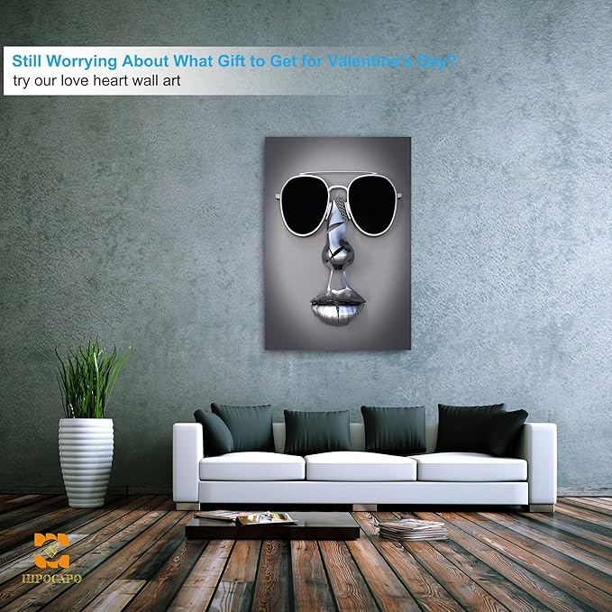 3D Metal Effect Wall Art - 3D Wall Art Decor Artwork Wear Sunglasses Siliver Figure Statue Modern Art Canvas Painting, Large Wall Art for Bedroom Dercor Framed 32”x48”x1Pcs