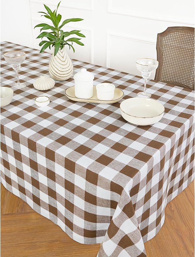 Solino Home Checkered Tablecloth 60 x 144 Inch - 100% Pure Linen Coco Brown and White Buffalo Plaid Table Cloth for Rectangle Tables - Machine Washable Tablecloth for Fall, Autumn, Thanksgiving