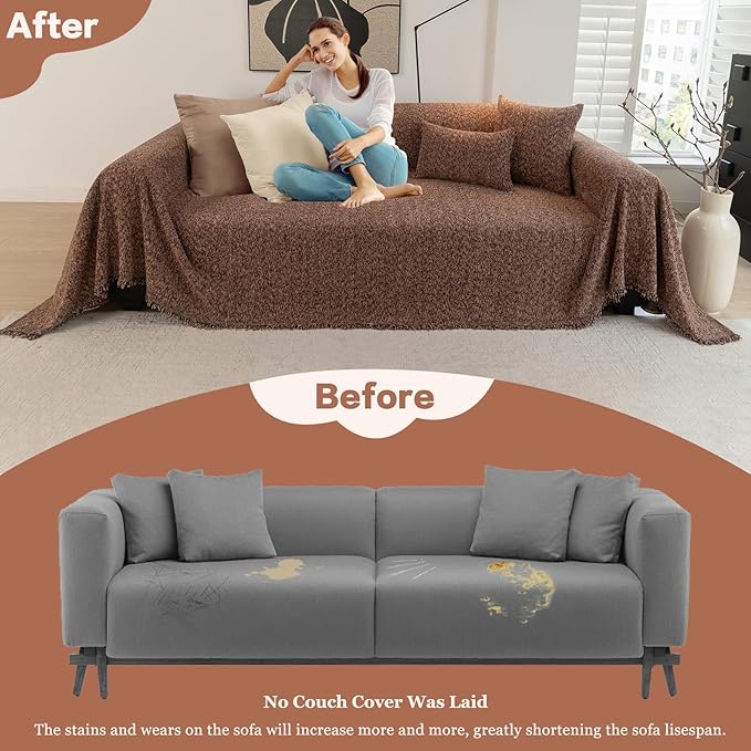 DREAMINGO Thickened Chenille Couch Cover 71x150 Inch Washable 3-Seater Sofa Covers Living Room Sectional Couch Slipcovers Modern Furniture Protector with Tassel, Brown Coffee