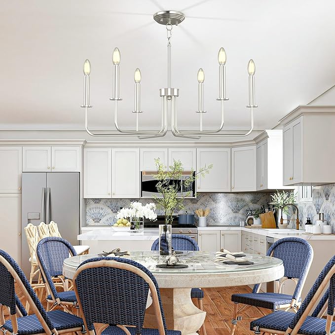 Farmhouse Chandelier, 6-Light Metal Hanging Ceiling Light Fixture for Dining Room, Kitchen Island, Living Room, Entryway, Foyer-Brushed Nickel
