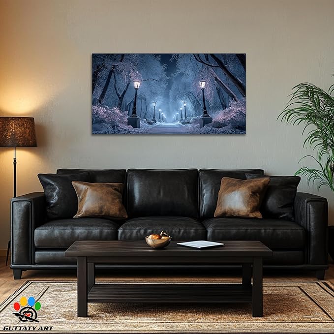 GUTTATY Winter Scene Christmas Canvas Wall Art, Blue Frosty Landscape Canvas Prints, Snowy Pathway Illuminated by Street Lamps, Park Winter Pictures Wall Decor for Living Room, Bedroom, 24x12 Inch