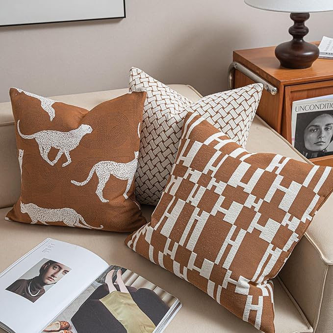 2025 New 18x18'' inches Throw Pillow Cushion Covers - Caramel H Letter Chenille Jacquard Embroidery Luxury Modern Style Couch Sofa Bed Pillow Cover for Living Room Bedroom