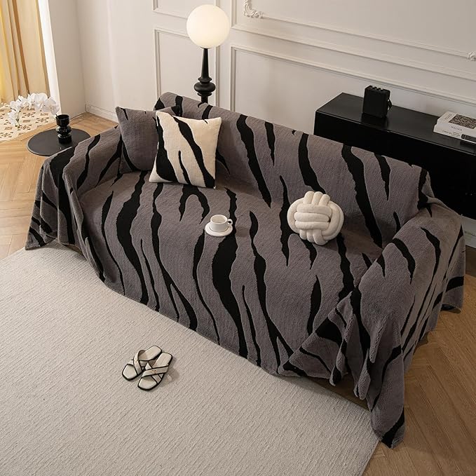 ROOMLIFE Striped Boho Gray Couch Cover for 2-3 Cushion Sofa, Fuzzy Plush Warm Sofa Slipcovers Sectional Sofas Covers, Non Slip Washable Furniture Protector Soft with Tassel,Winter 71''X118”