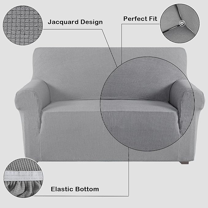 Flamingo P High Stretch Sofa Slipcover Non Slip Loveseat Covers for 2 Cushion Couch Washable Pet Furniture Protector Covers with Elastic Bottom, Thick Jacquard Fabric (Medium, Dove)