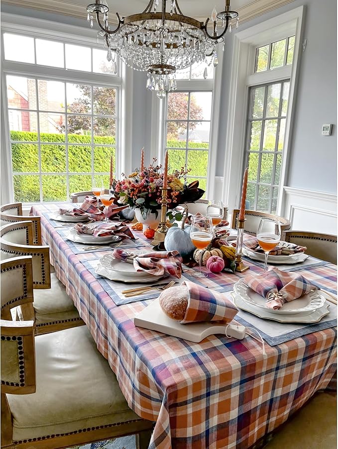Solino Home Linen Plaid Tablecloth 60 x 120 Inch - 100% Pure Linen Fall Multicolor Table Cloth for Rectangle Tables - Thanksgiving, Autumn, Fall Flavors Madras, Machine Washable Tablecloth
