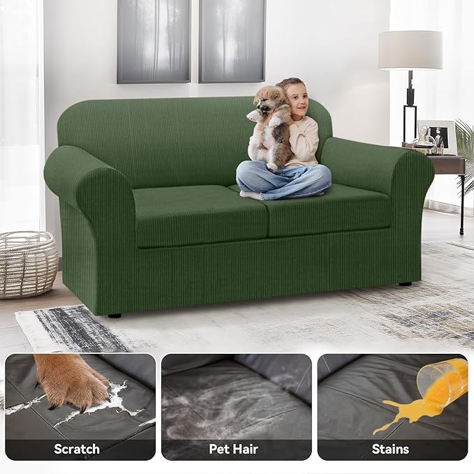 100% Waterproof Loveseat Cover 3-Piece Set Striped Loveseat Slipcovers for 2 Cushion Couch Sofa Covers with TPU Leakproof Bottom Couch Protector Pet Proof - Loveseat, Military Green