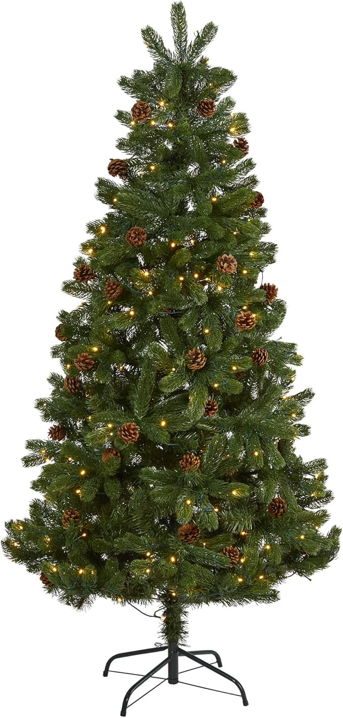Nearly Natural 6ft. Rocky Mountain Spruce Artificial Christmas Tree with Pinecones and 250 Clear LED Lights