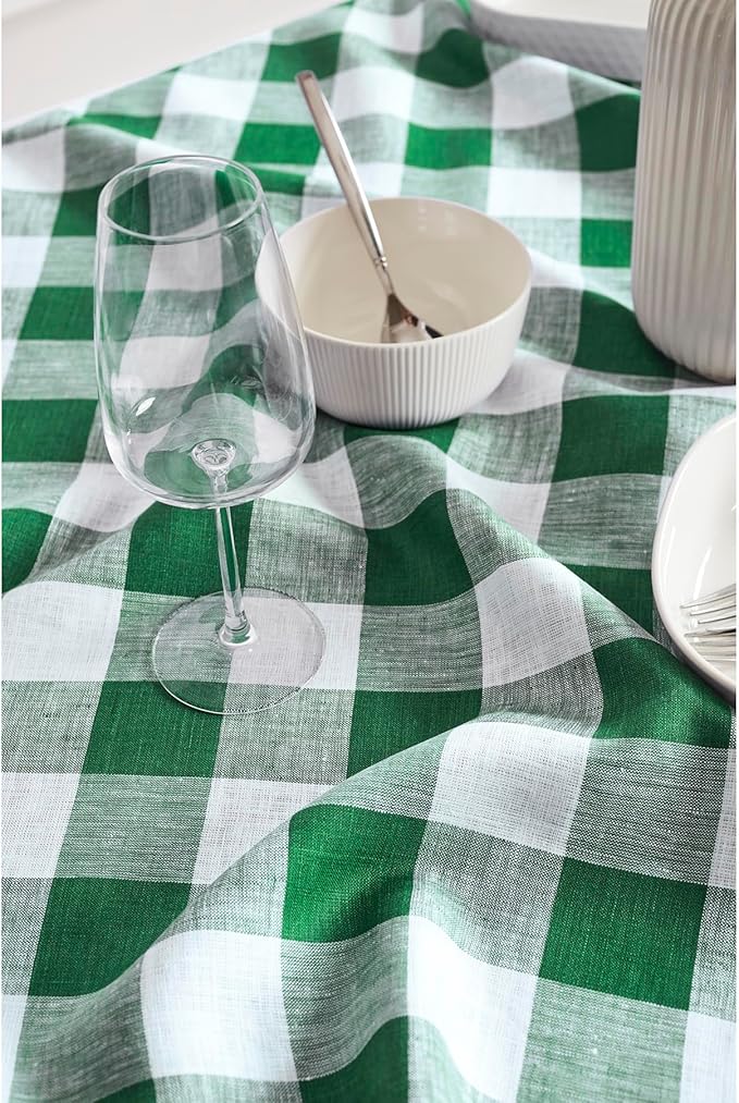 Solino Home Linen Checkered Tablecloth 52 x 52 Inch - 100% Pure Linen Green and White Square Table Cloth - Machine Washable Buffalo Plaid Table Throw