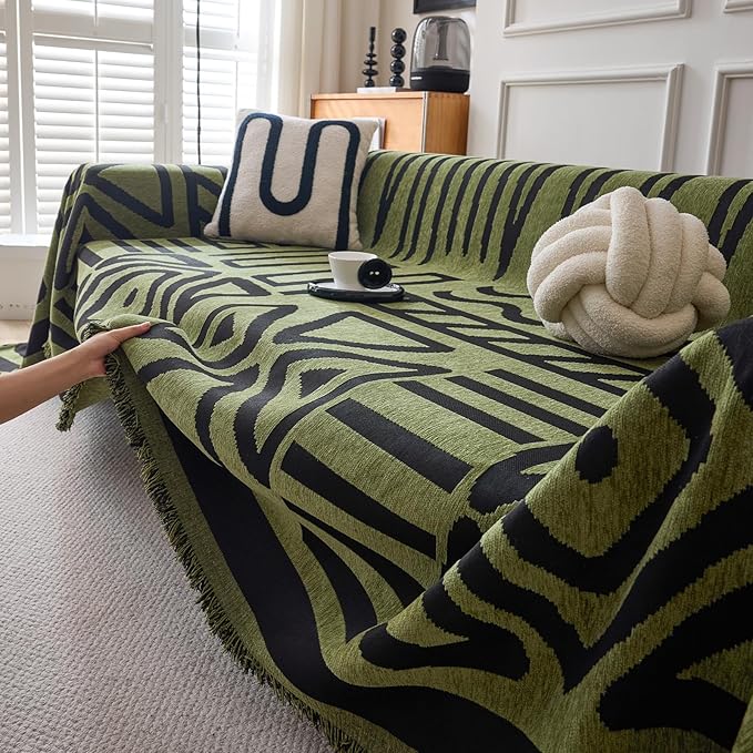 DREAMINGO Boho Couch Cover Washable Chenille Sofa Cover Blanket Green Black Furniture Protector for Sectional 3 Cushion Couch Reversible Geometric Jacquard Sofa Slipcover, XX-Large 71"x150"