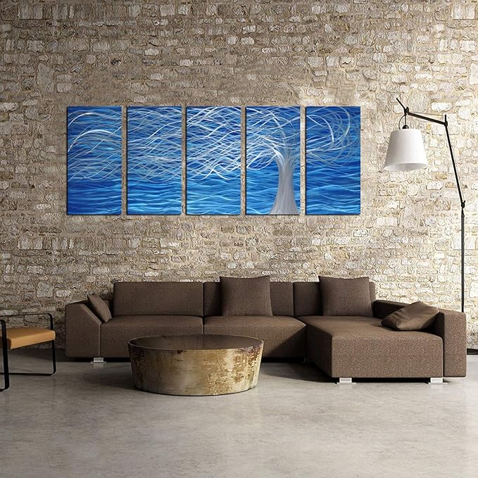 Unique Metal Wall Sculpture, Metal Wall Art with Tree Painting Design, Abstract Modern and Contemporary Décor, Aluminum Blue Artwork, Indoor and Outdoor decoration, 5 panels 64"Wx24"H