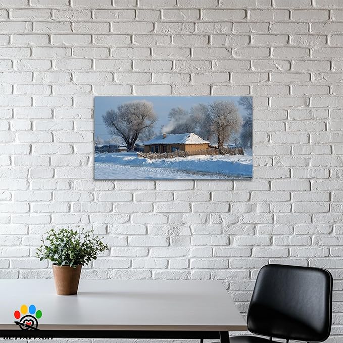 GUTTATY Christmas Winter Scene Canvas Wall Art, Cozy Snow-Covered House Canvas Prints, Peaceful Rural Snow Scene Wall Decor, Winter Pictures Posters for Living Room, Holiday Gift, 48x24 Inch
