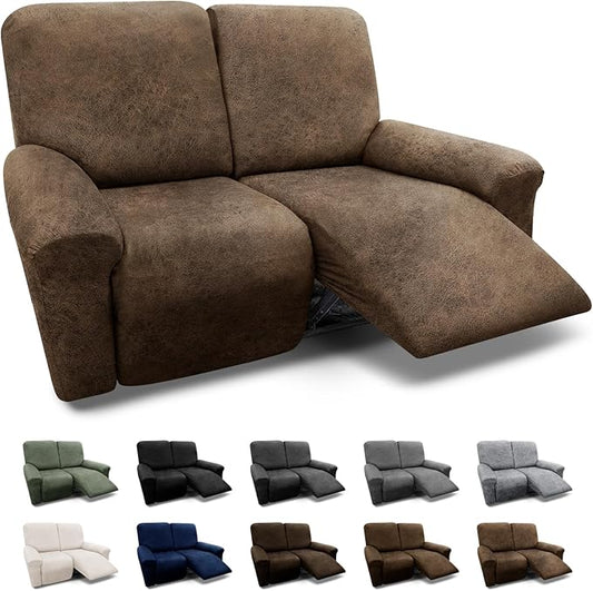 Loveseat Recliner Cover 6-Piece Set - 2 Seater Leather Look Slipcover with Pocket - Spandex Furniture Cover (Recliner Loveseat, Light Brown)