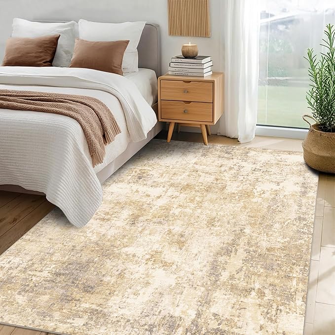 5x7 Modern Abstract Rug Washable Area Rugs for Living Room Bedroom Dining Room Non-Slip Low Pile Neutral Large Rug Soft Indoor Floor Carpet, Gold