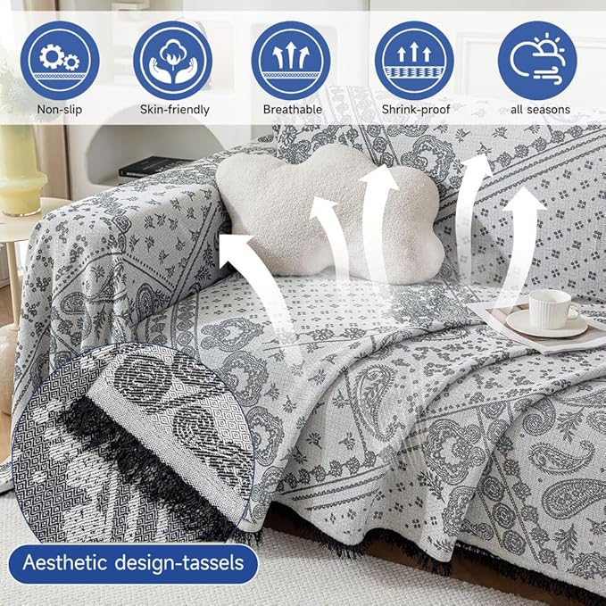 ROOMLIFE Couch Cover Black Boho Sofa Covers for 3 Cushion Couch Washable, Furniture Protector Sofa Couch Cover for Dogs, Soft Breathable Sofa Slipcover, Couch Throw Blankets with Tassels 71''X118''