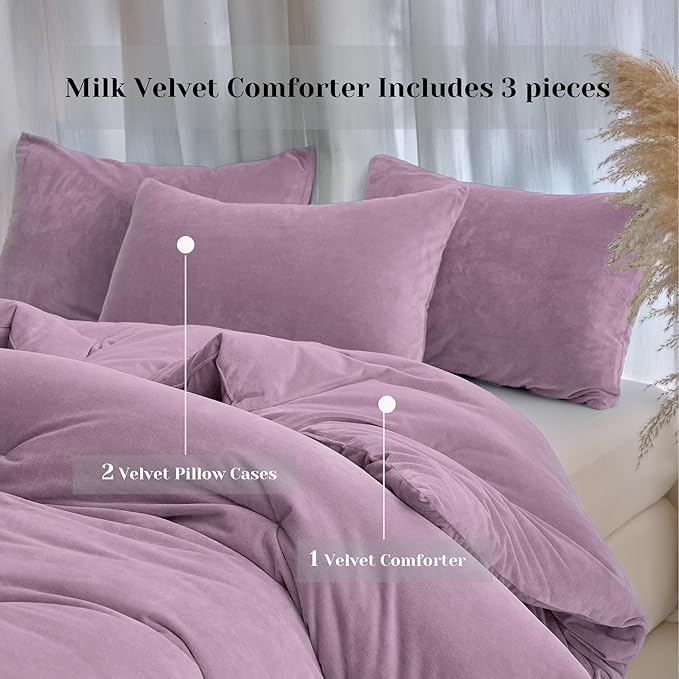 Velvet Comforter Set King Size, Light Purple Fluffy Velvet 3 Piece, Soft Breathable Luxury Winter Warm Bedding Sets, with 1 Cozy Comforter, 2 Pillow Shams (Lavendar)