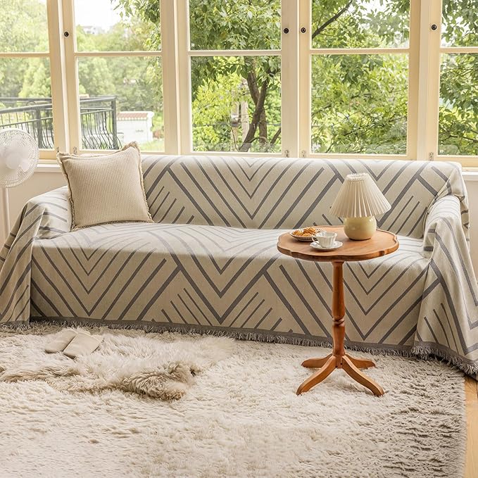 VClife Boho Farmhouse Couch Cover 71''x134'', 1 pc Washable Sofa Covers for 3 Cushion Couch Sofa Kids Soft Chenille Beige Gray Herringbone Home Decor Couch Covers for Bed Sofa Living Room Slipcover