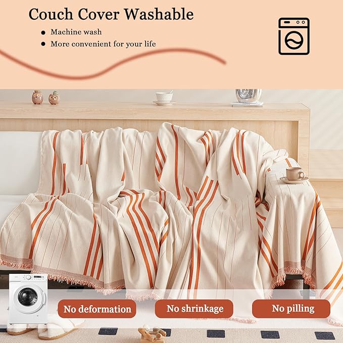 DREAMINGO Couch Cover Reversible Chenille Furniture Protector Sofa Covers for Pets Kids Beige Orange Couch Cover for 3 Cushion Couch Sofa Vertical Stripe Jacquard Sofa Slipcover Sectional, 71"x134"