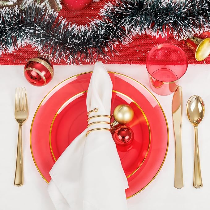 LIYH 180 Pcs Clear Red Plastic Plates Disposable - Red Dinnerware Set, Include Red and Gold Plates, Dinner Plate, Dessert Plate, Gold Plastic Silverware for Birthday Party