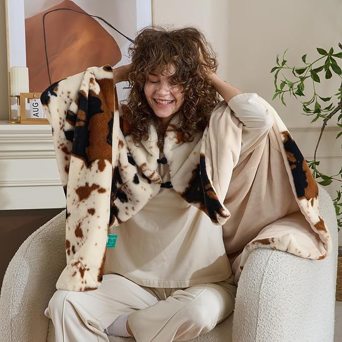 Krifey Faux Fur Blanket with Knot, Soft Cozy Fuzzy Plush Thick Warm Throw Blanket, Faux Rabbit Fleece, Christmas Birthday Gifts for Girls Women Mom, As Shawl, Cow Print, 48x62in