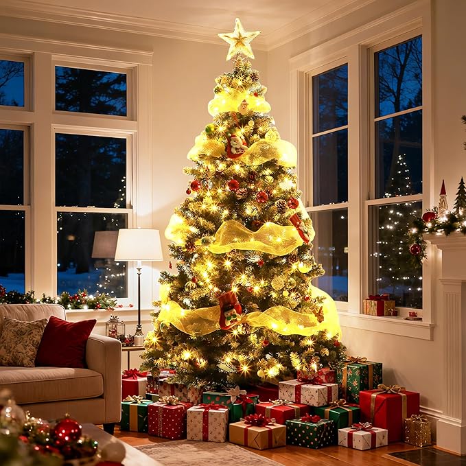 7ft Green Artificial Christmas Tree with Pine Cones and Snow Flocked Branches, Realistic Full Shape Xmas Tree with Sturdy Metal Stand for Indoor Holiday Decoration
