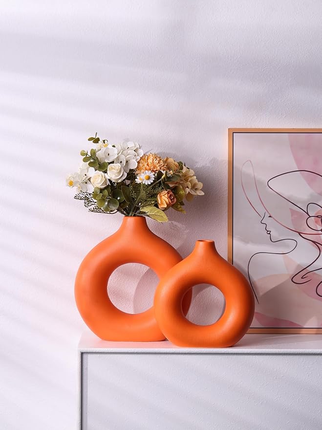 Modern Donut-Shaped Decorative Vases, Handmade Minimalist Boho ins Style, Modern Vase for Home Decor for Wedding Dinner Table Party Living Room Office Bedroom (Orange, Small)