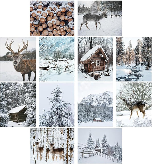 Watersay 8x10in 12pcs Winter Wall Decor Prints Christmas prints unframed Poster Art Cozy Snow Forest Frost Pictures Poster Xmas Tree Deer Mountain House Photo for Gallery Wall Home Nordic Decor